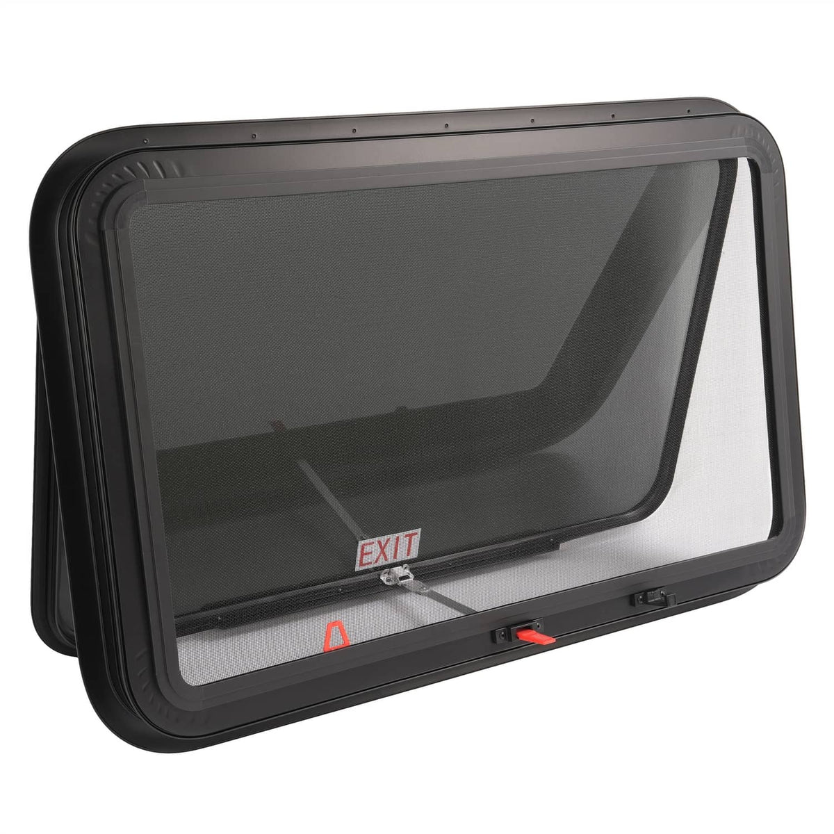 RV emergency exit window with dark tinted glass and EXIT latch handle