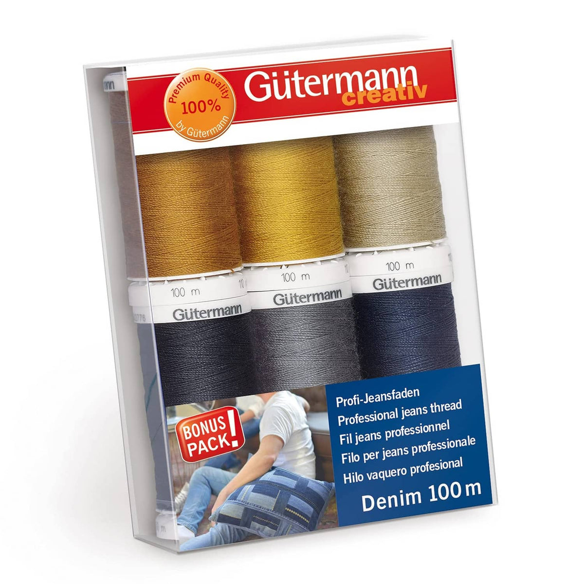 Gutermann denim sewing thread set, multicolour spools with 100 m each