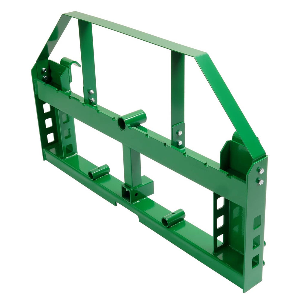 Green pallet fork frame angled view with fork tubes and side mounting plates