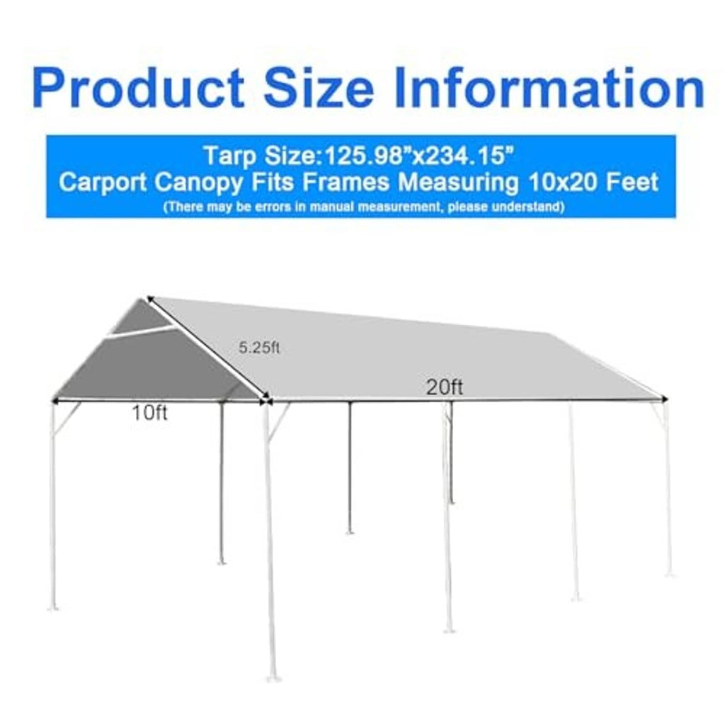 Grey carport canopy cover with white frame poles and tarp roof with size guide.