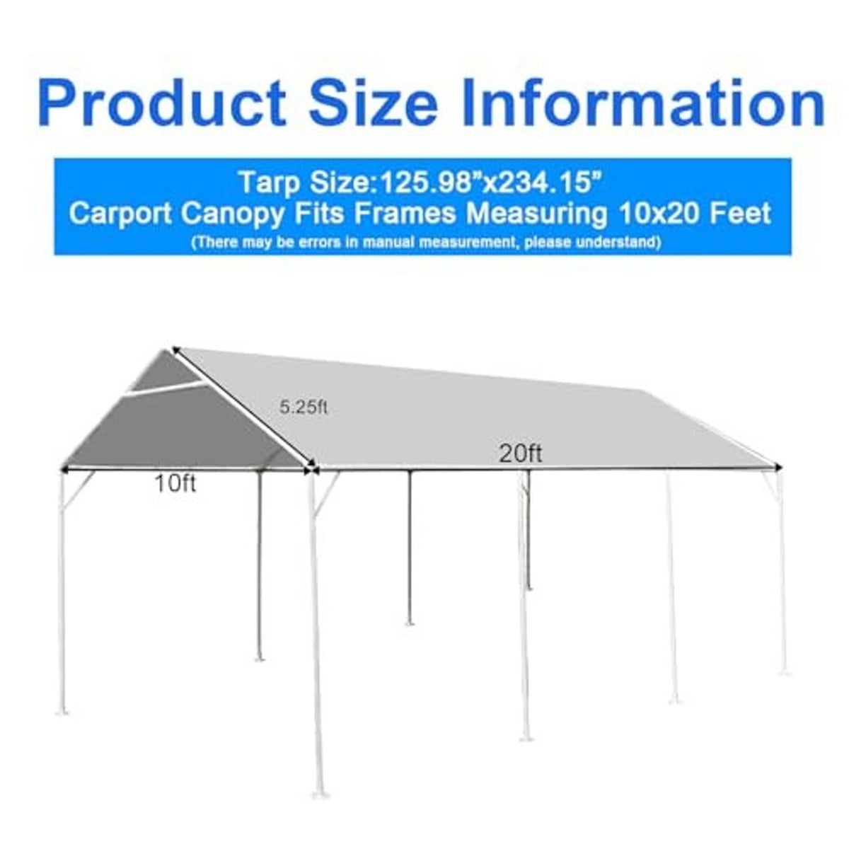 Grey carport canopy cover with white frame poles and tarp roof with size guide.