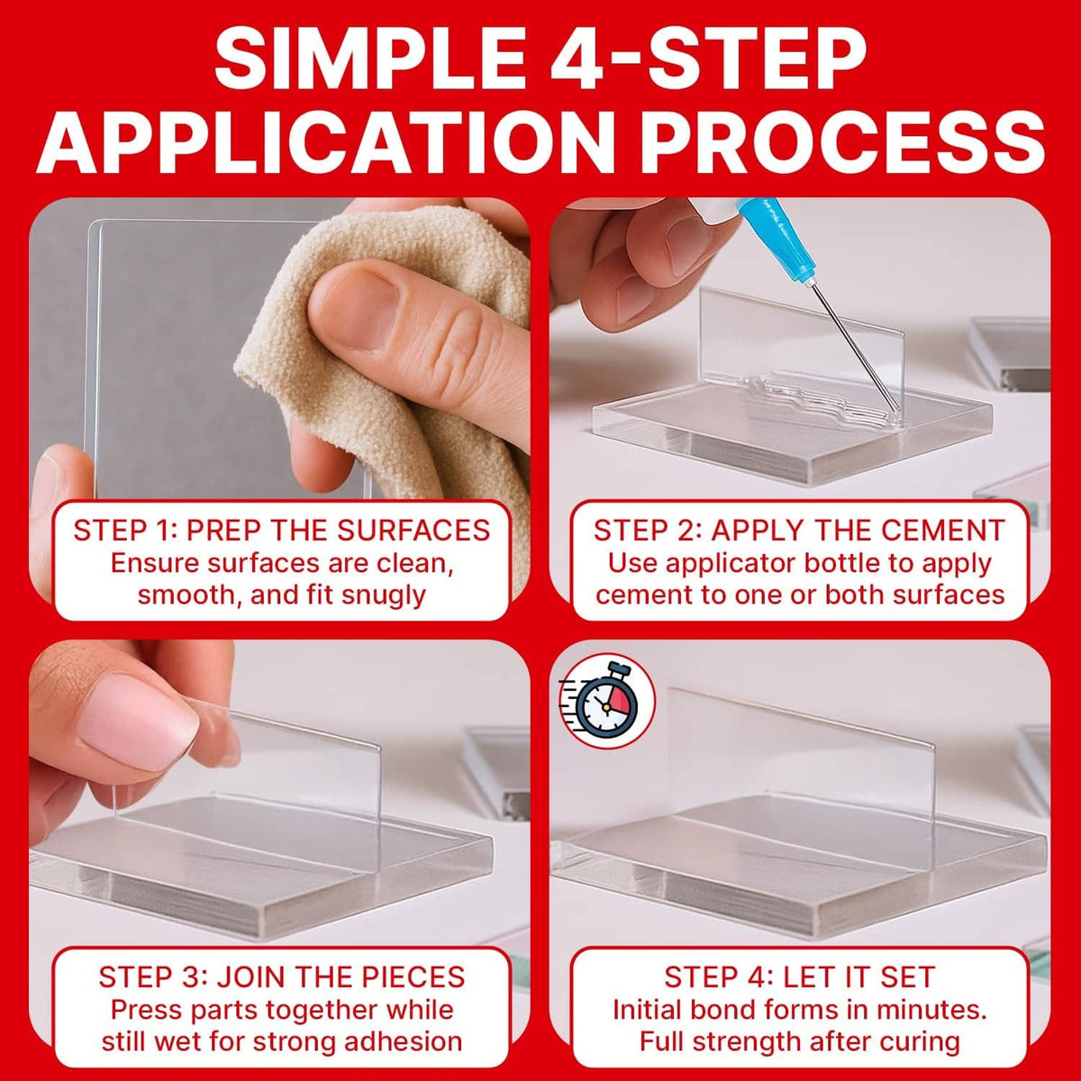 Acrylic cement applicator bottle dispensing clear adhesive onto clear acrylic parts