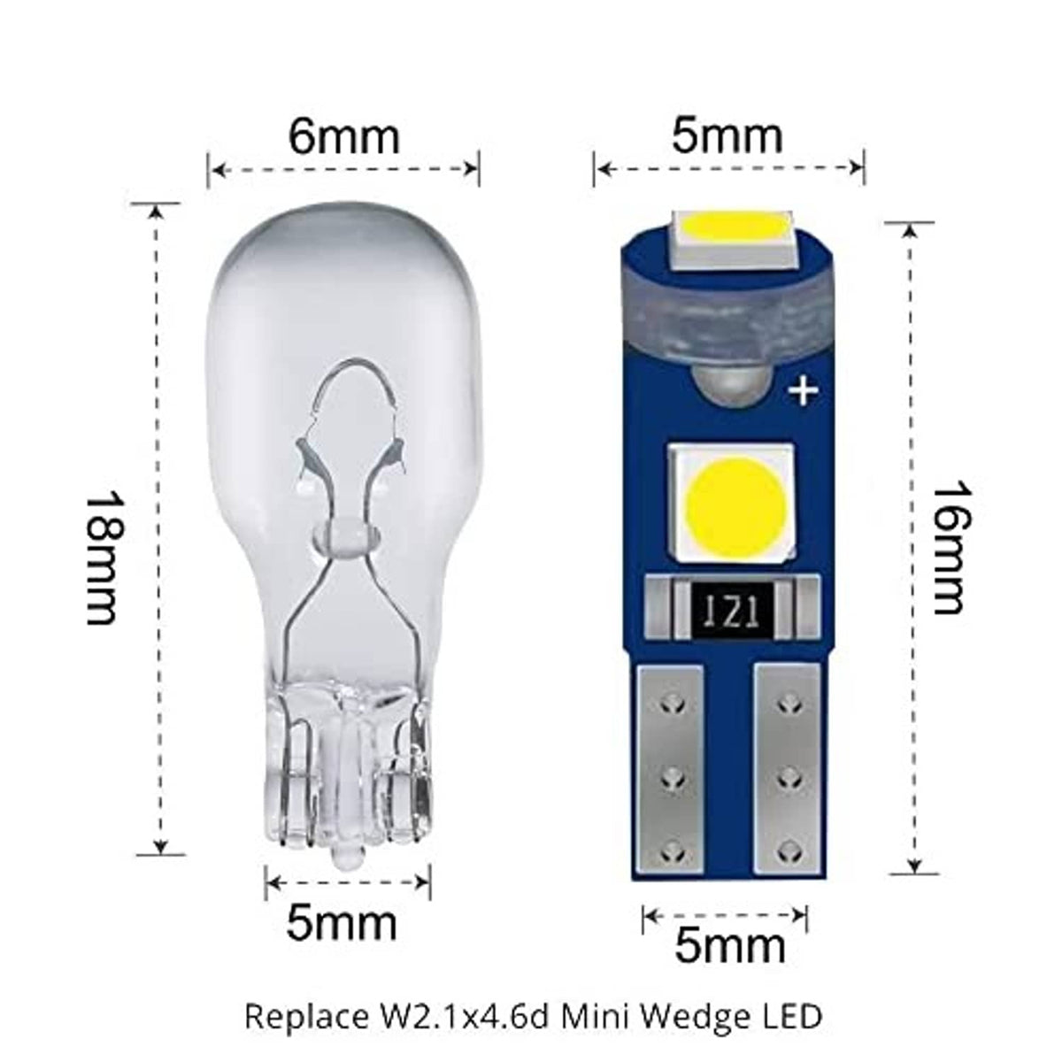 T5 LED bulb size diagram: 18mm length, 6mm and 5mm width measurements