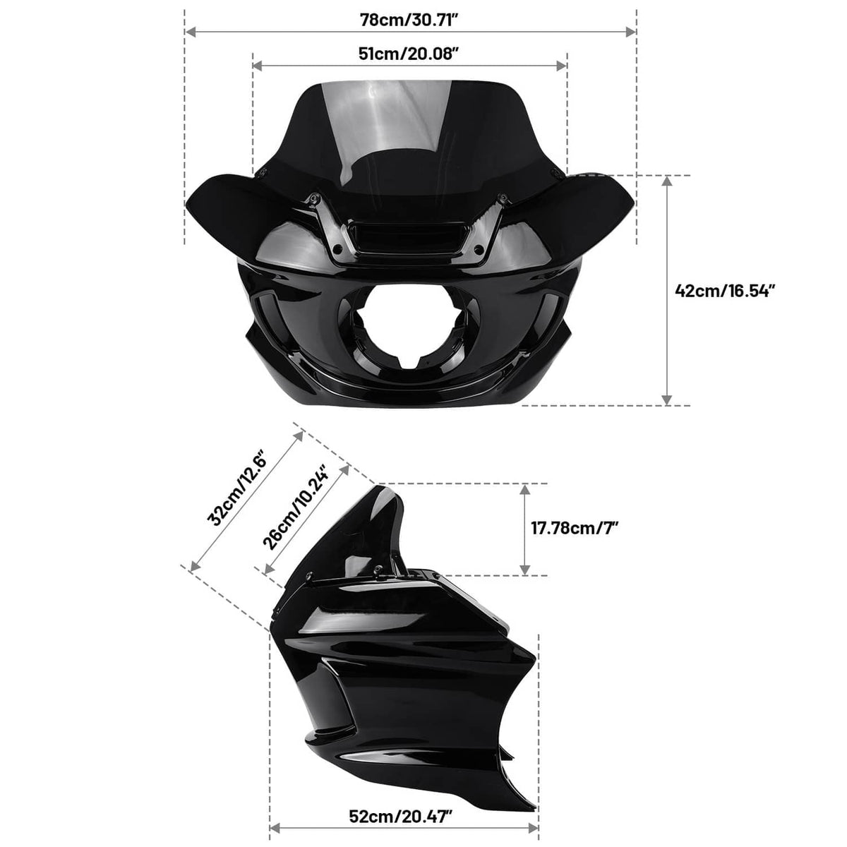 Black headlight fairing and windshield support bracket showing size measurements