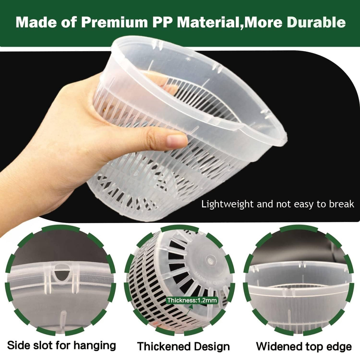 Translucent plastic orchid pot held in hand, with hanging slot and vented base