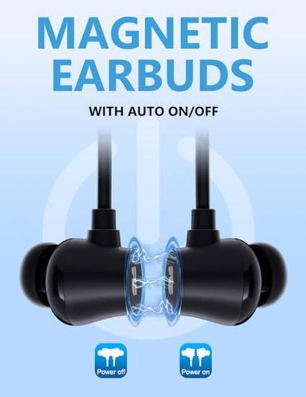 Black magnetic earbud pair with charging cradle and automatic power feature