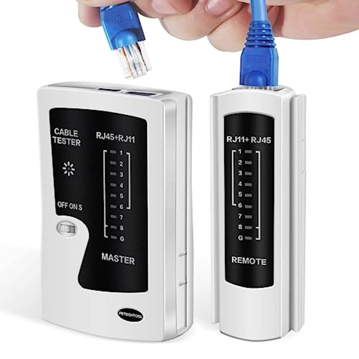 RJ45/RJ11 network cable tester master and remote units with RJ45 connectors