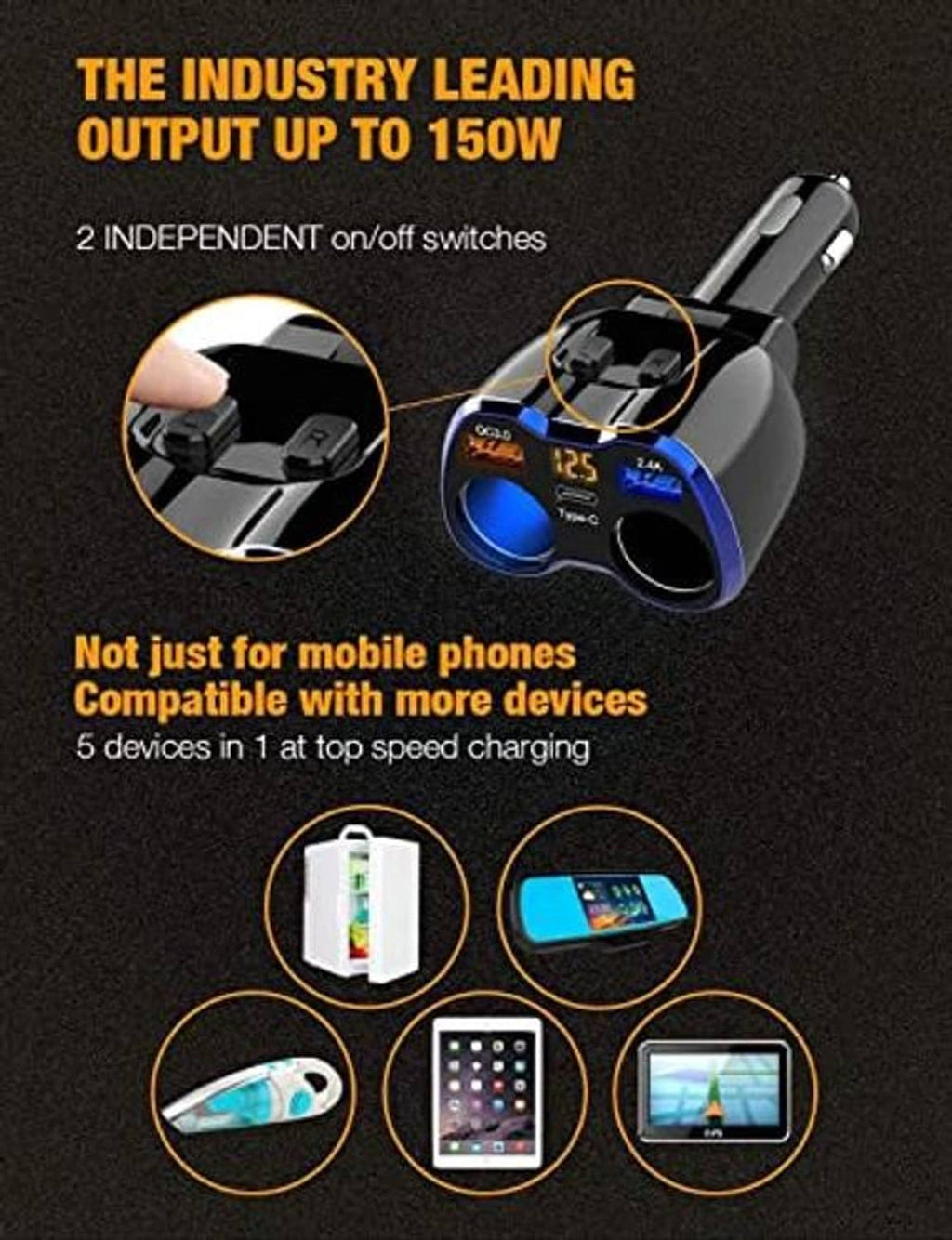 Compact black car charger with two blue USB/Type-C ports and lit QC3.0 panel