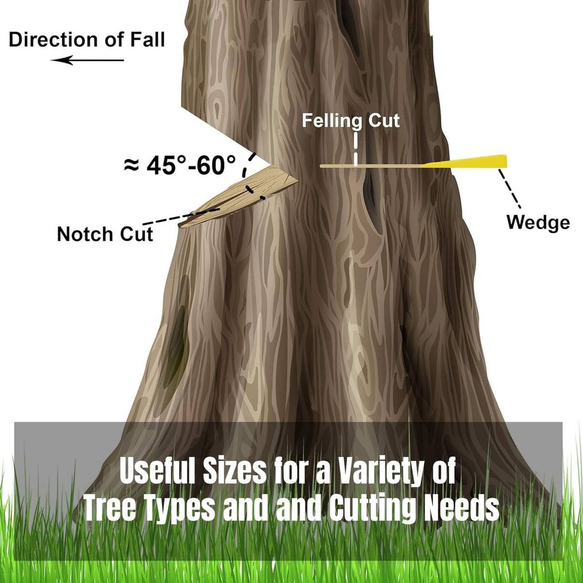 Yellow tree felling wedge with spike teeth shown inserted along a cutting line