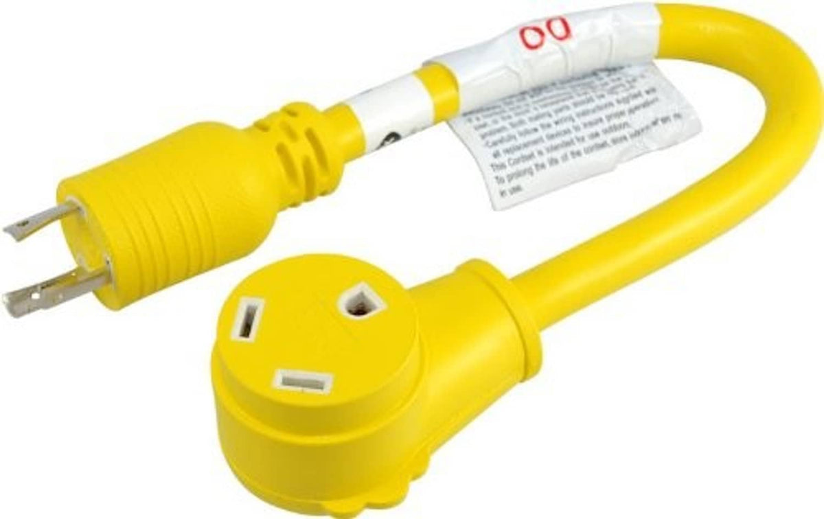 Yellow 30 Amp 3-prong locking generator adapter with male plug and cord