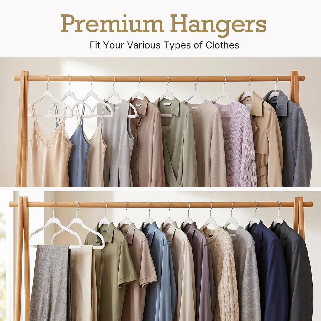 Premium velvet hangers on wooden rails for assorted garment types, neat closet hanging