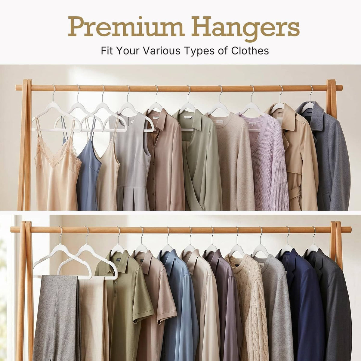 Premium velvet hangers on wooden rails for assorted garment types, neat closet hanging