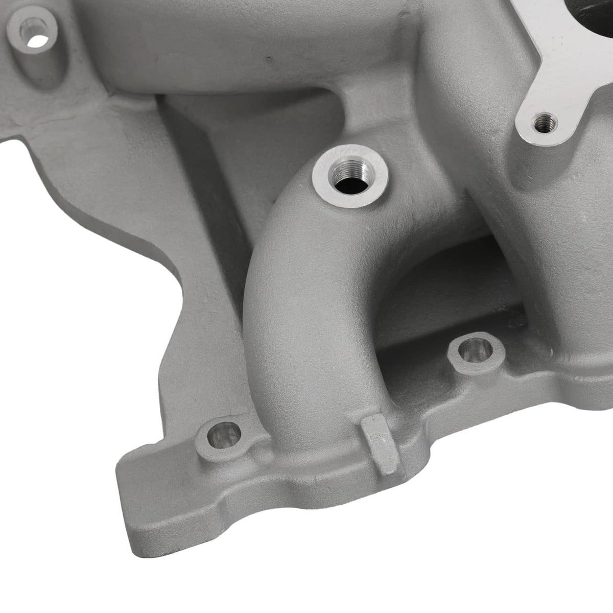 Engine intake manifold, gray cast housing with bolt holes and internal passages