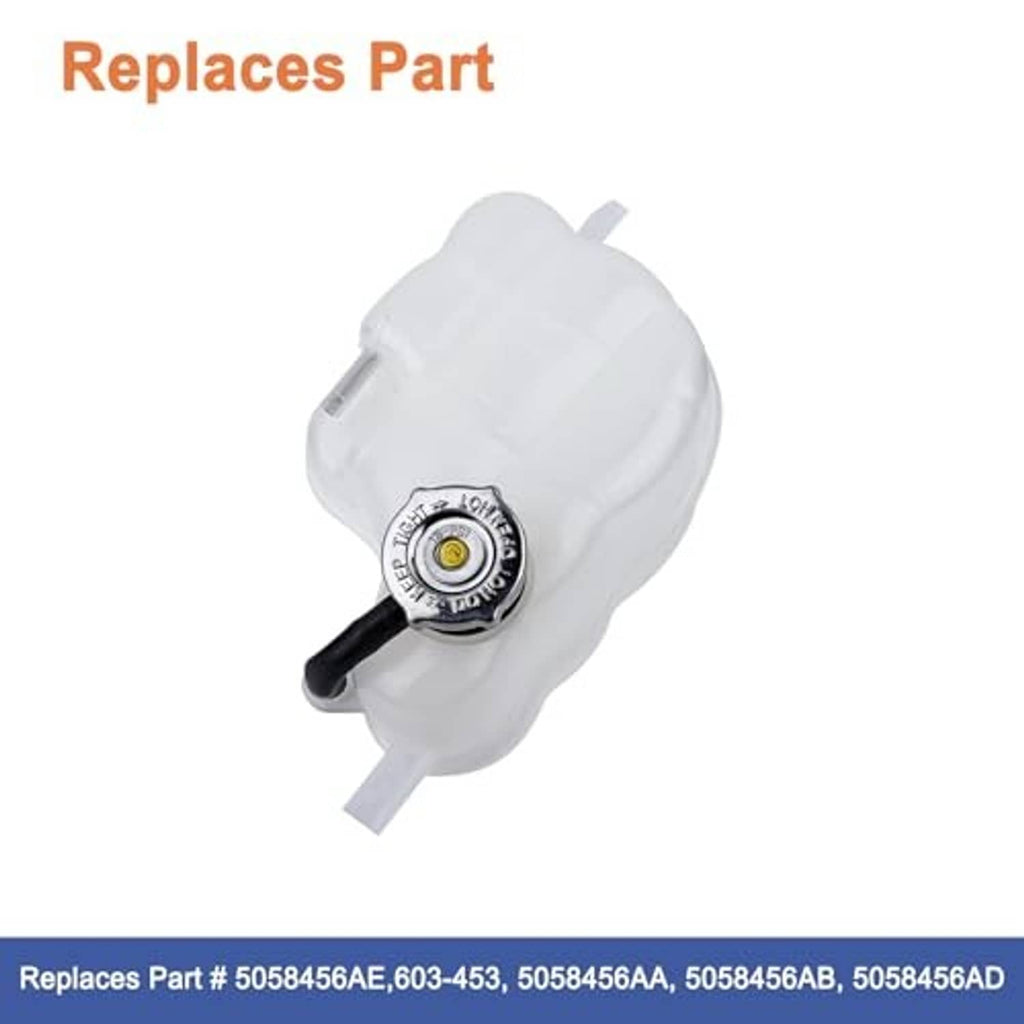 Engine coolant reservoir tank showing underside cap and black hose, white plastic