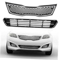 Vehicle front upper and lower grille set with chrome trim and black mesh honeycomb