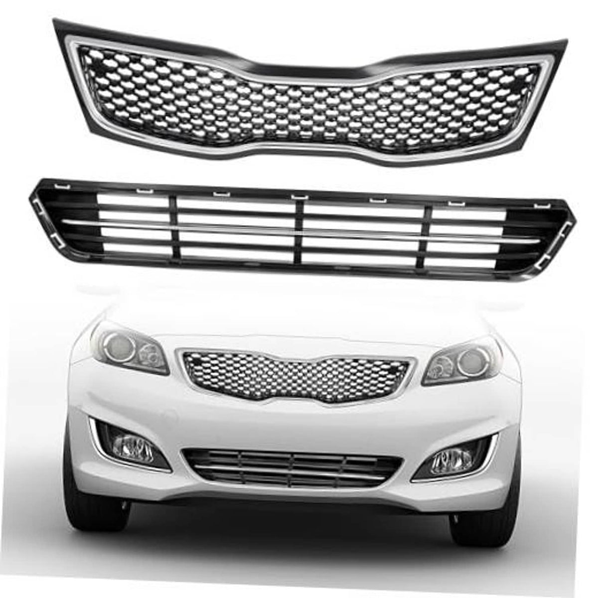 Vehicle front upper and lower grille set with chrome trim and black mesh honeycomb