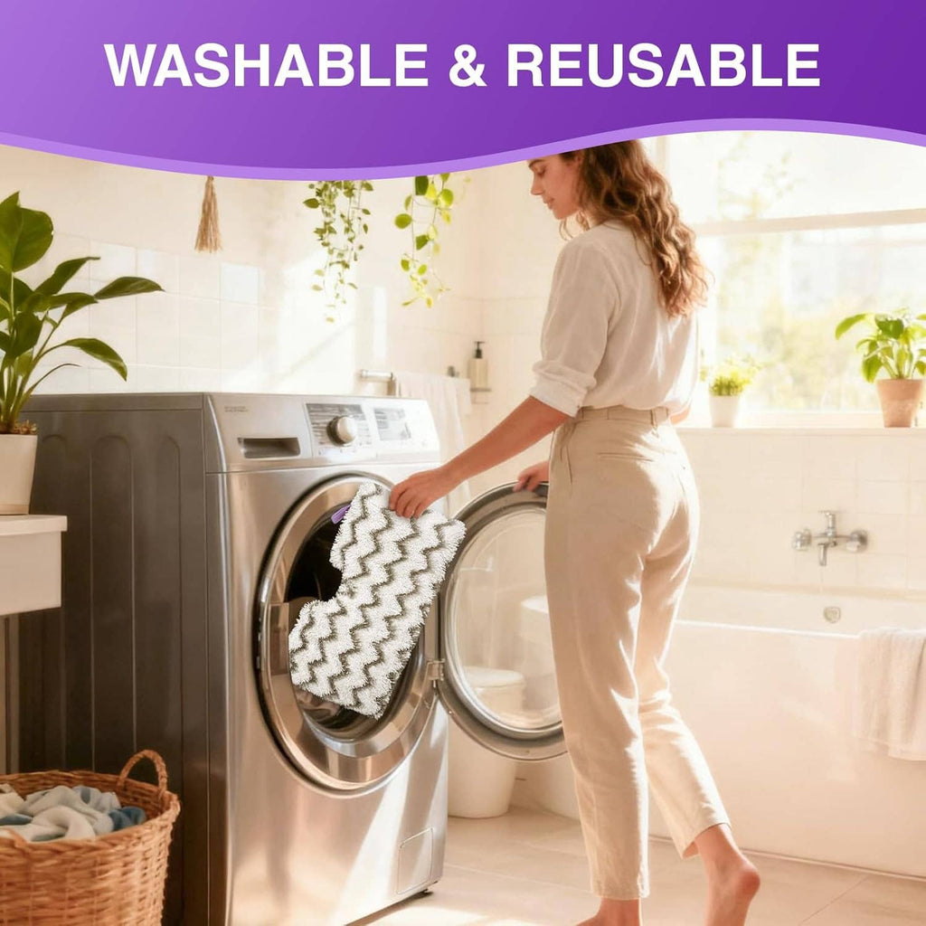 Washable steam mop replacement pads shown with zigzag microfiber cloths