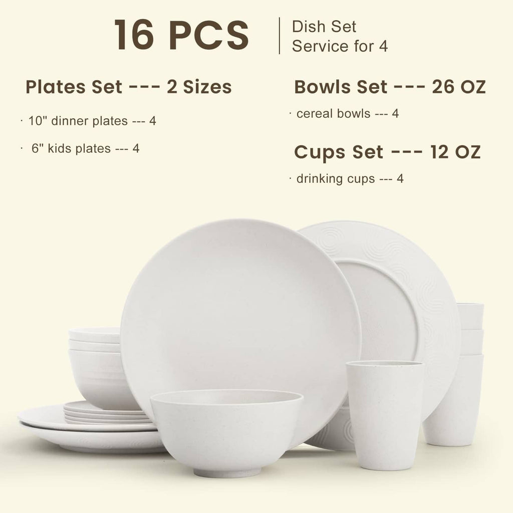White wheat straw dinnerware set, service for four with plates, bowls, and cups