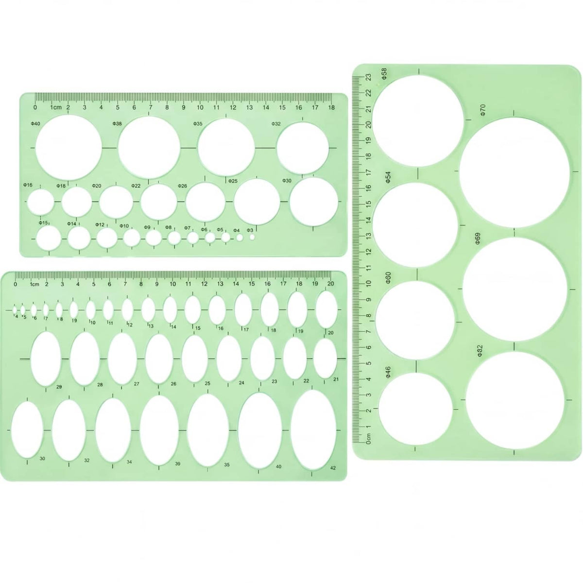 Clear green circle and oval drawing templates set with measuring guides