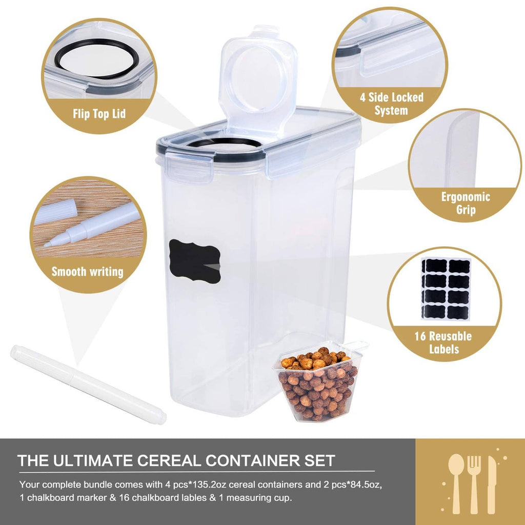 Clear cereal container with flip-top lid and side-locking system, shown with label set