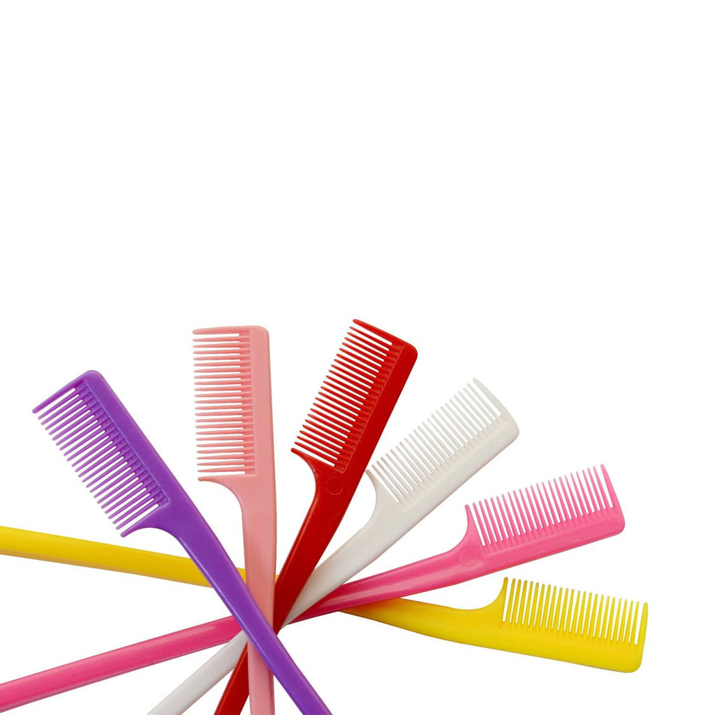 Assorted hair edge brushes with multicolor handles and fine comb teeth