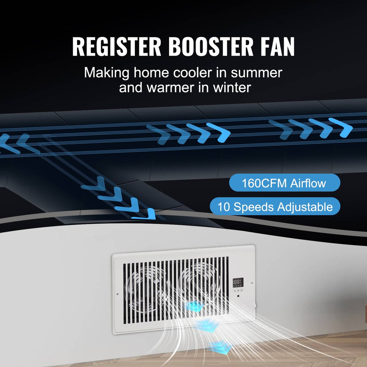 White wall register booster fan with airflow direction arrows over the vent grille