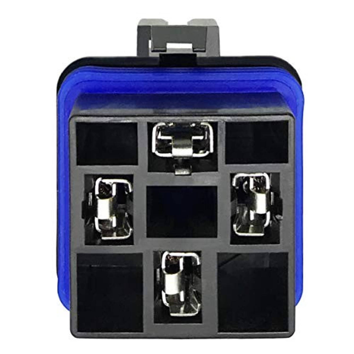 Black relay with blue terminal cover and exposed metal contact slots on top