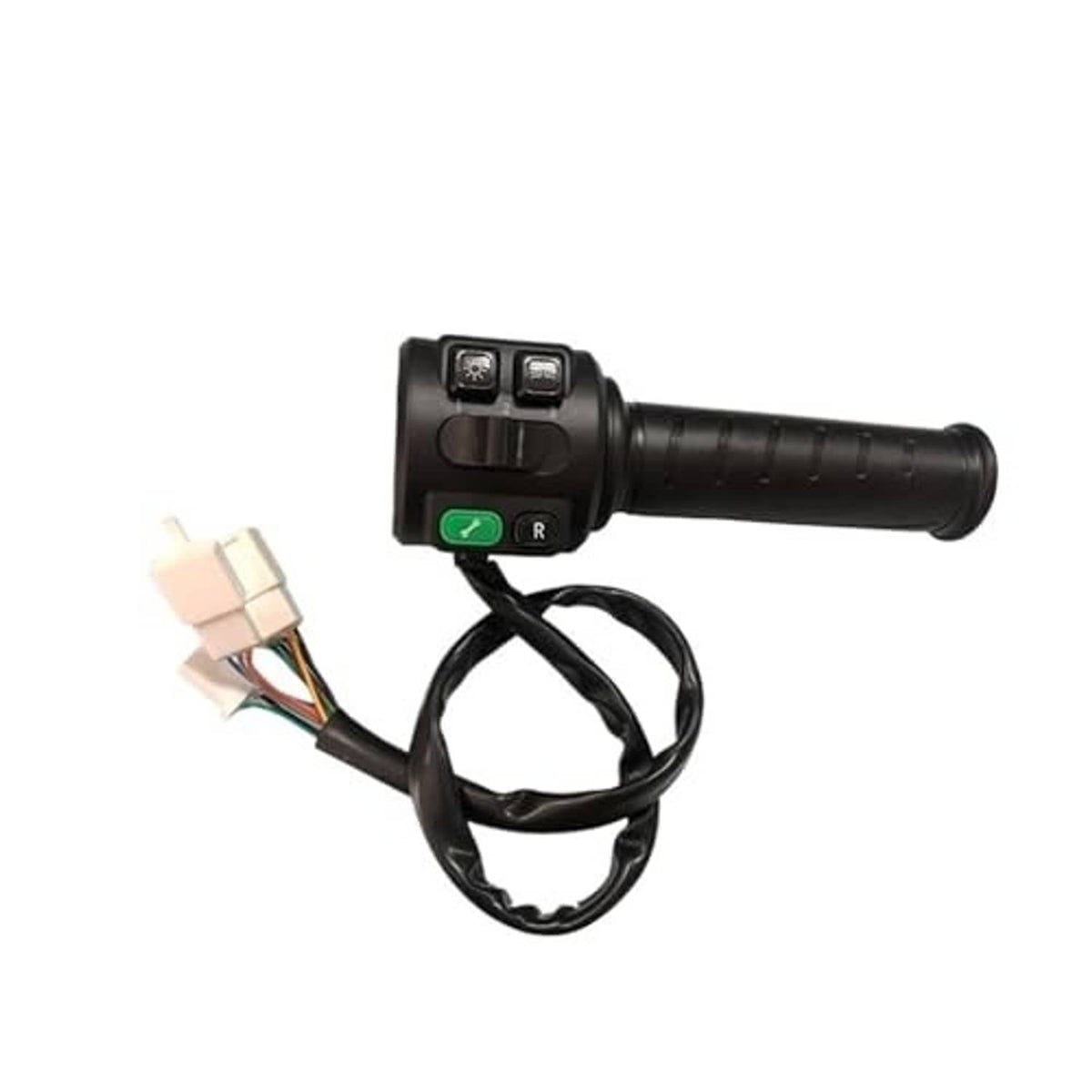 Thumb throttle controller with black grip, green indicator, and wiring plug leads