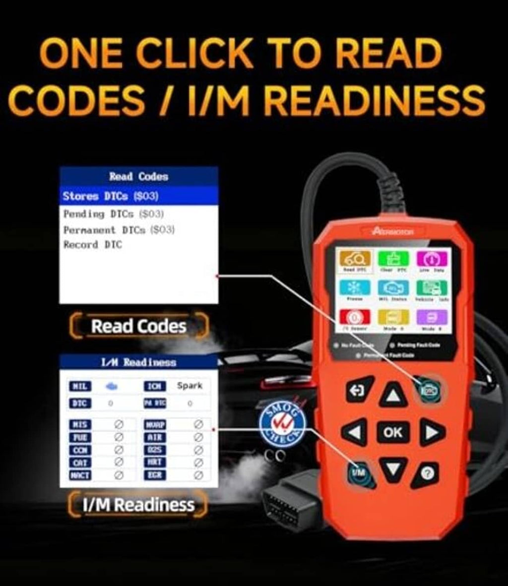 Orange V880 OBD2 scanner with screen and button keypad, OBDII cable connected to car