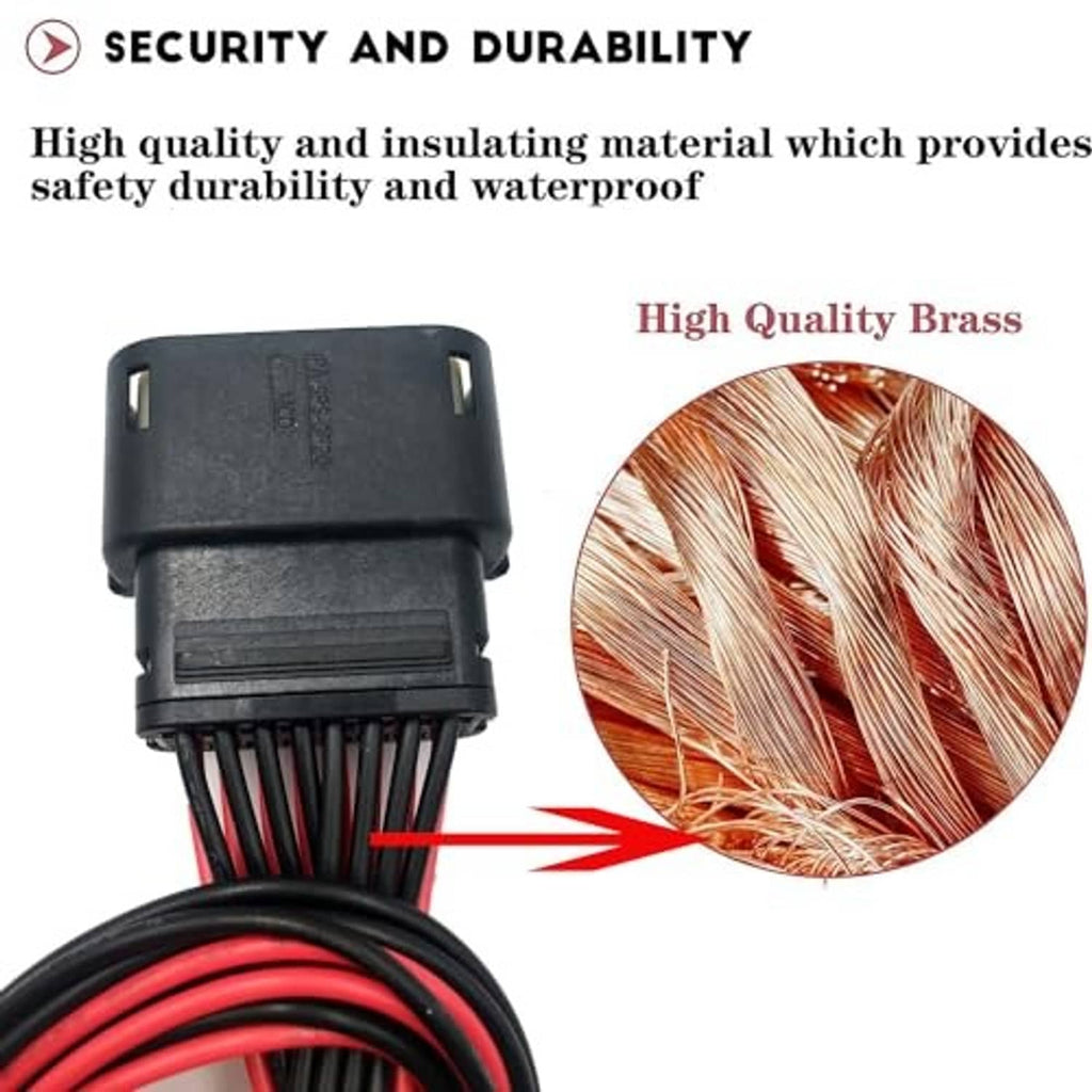 16-pin headlight connector with bundled red/black wires and insulation close-up