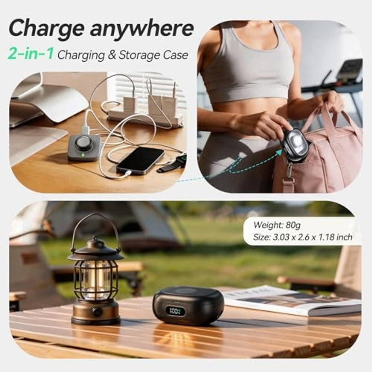 Black charging and storage case on outdoor table with 100% indicator