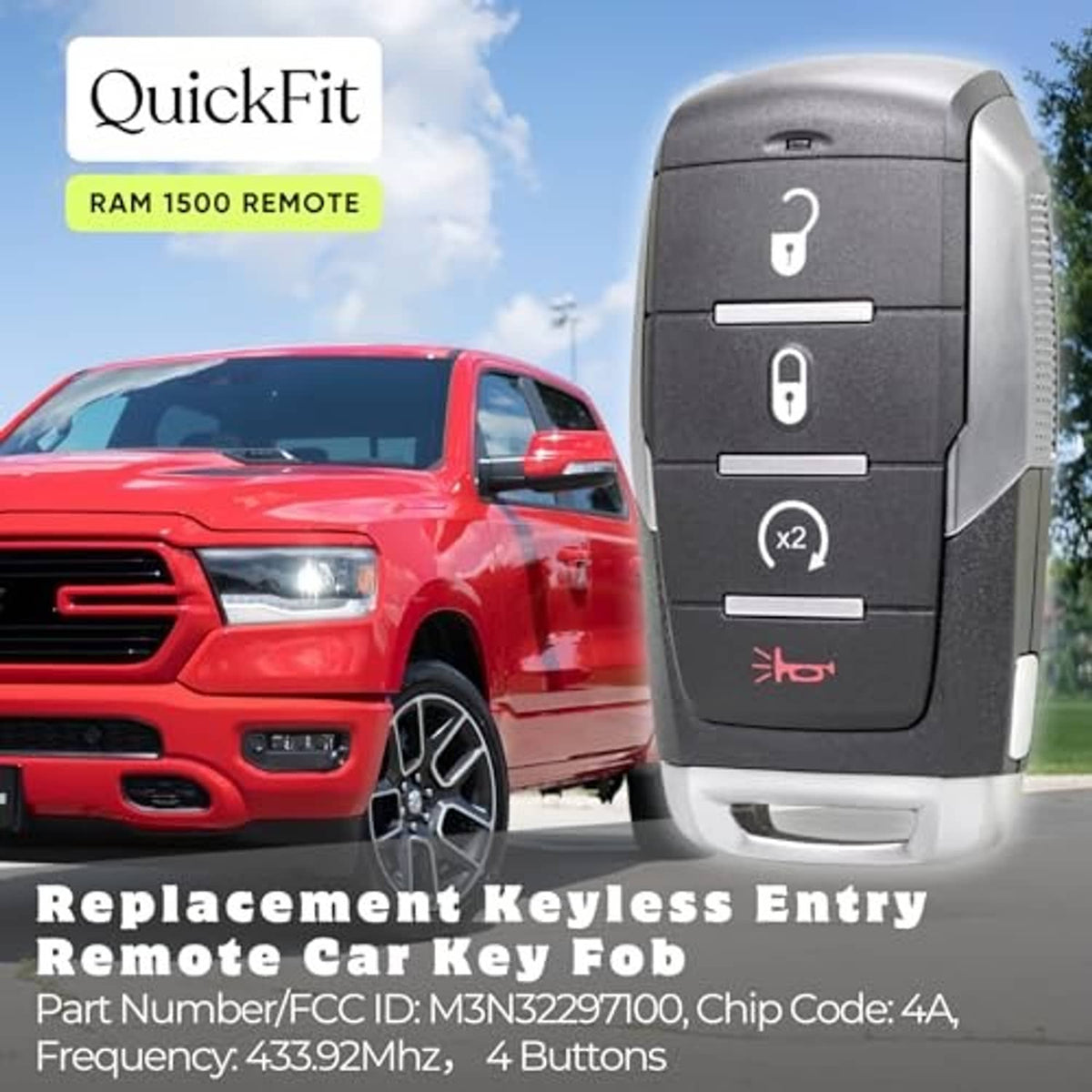 Black keyless entry remote fob with lock, unlock, and x2 button icons