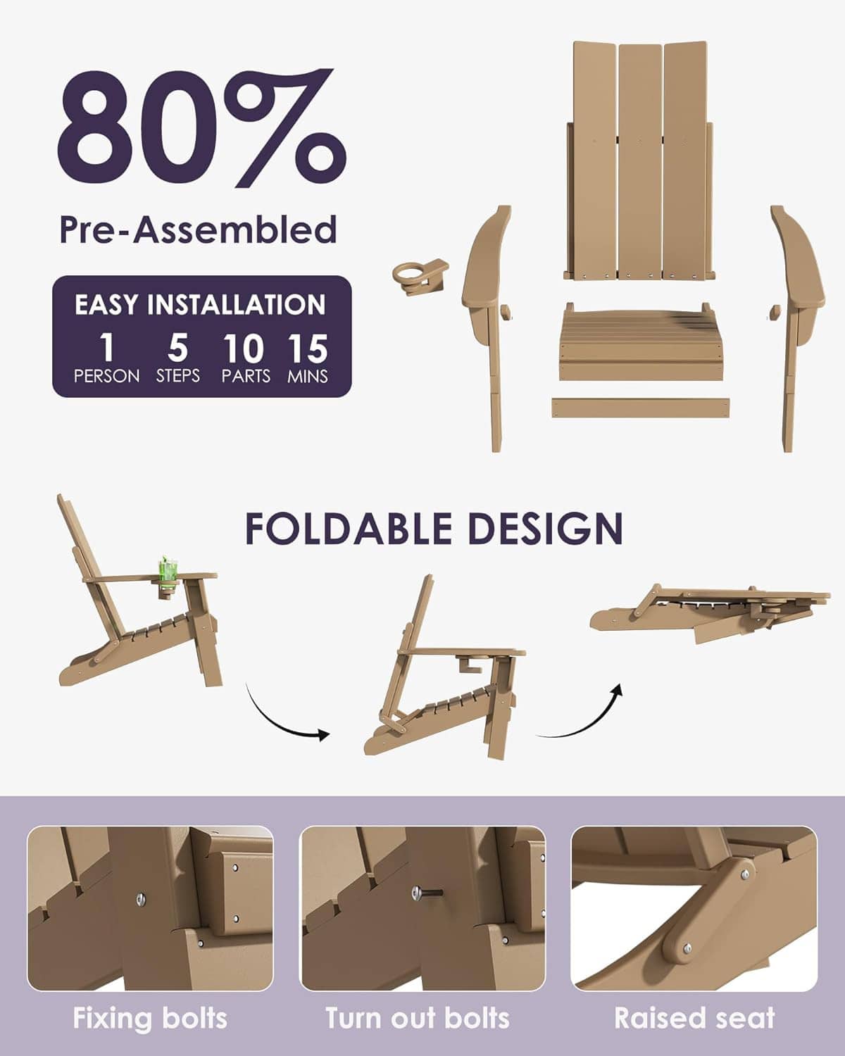 Foldable tan Adirondack chair shown with parts and raised seat mechanism