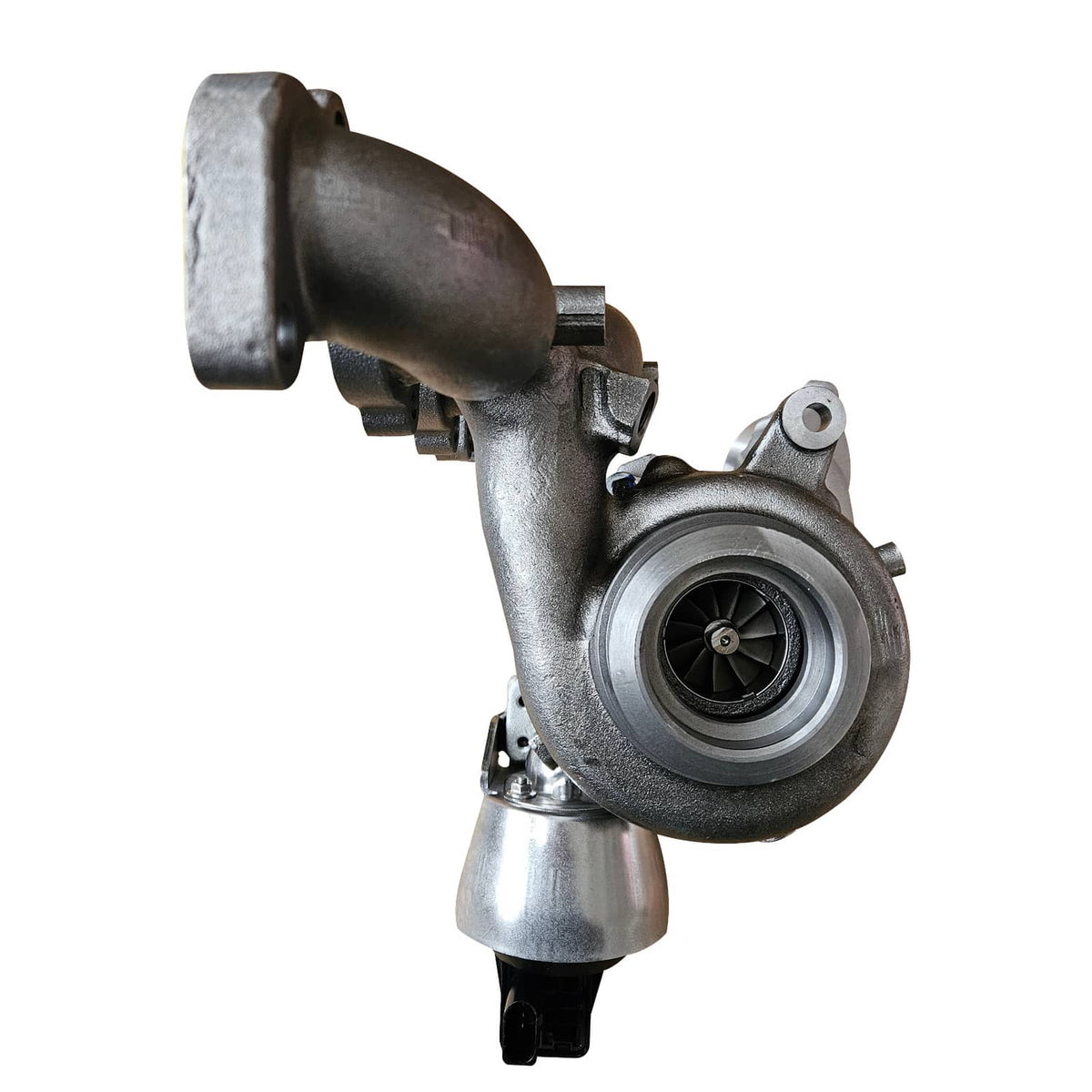 Turbocharger with turbine outlet pipe and compressor wheel housing, silver metal