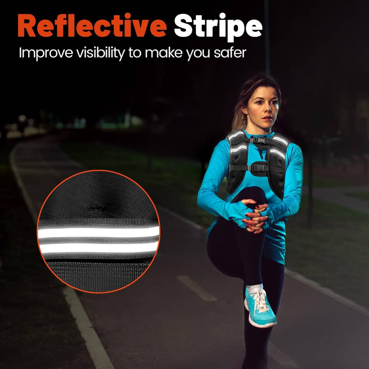 Black weighted vest with reflective stripe accents on a runner in motion