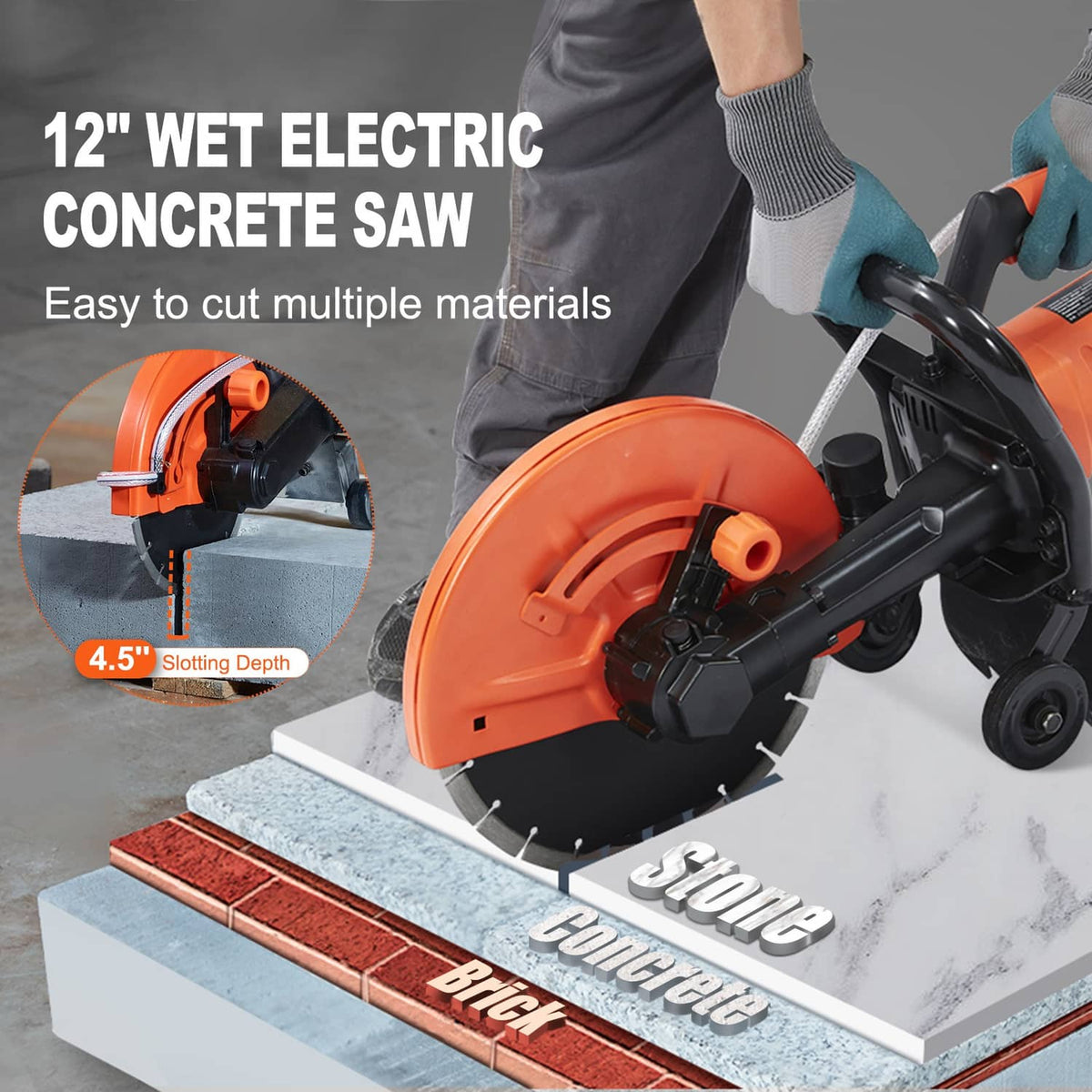 Electric wet concrete saw with large orange blade and wheeled base, orange/black