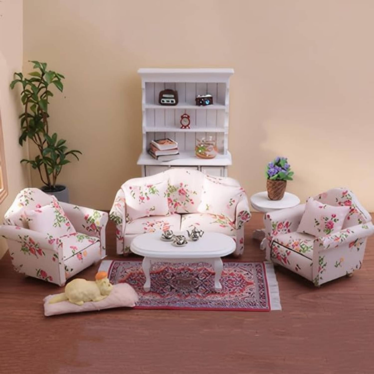 Miniature floral sofa set with two armchairs, loveseat, round coffee table, and red rug