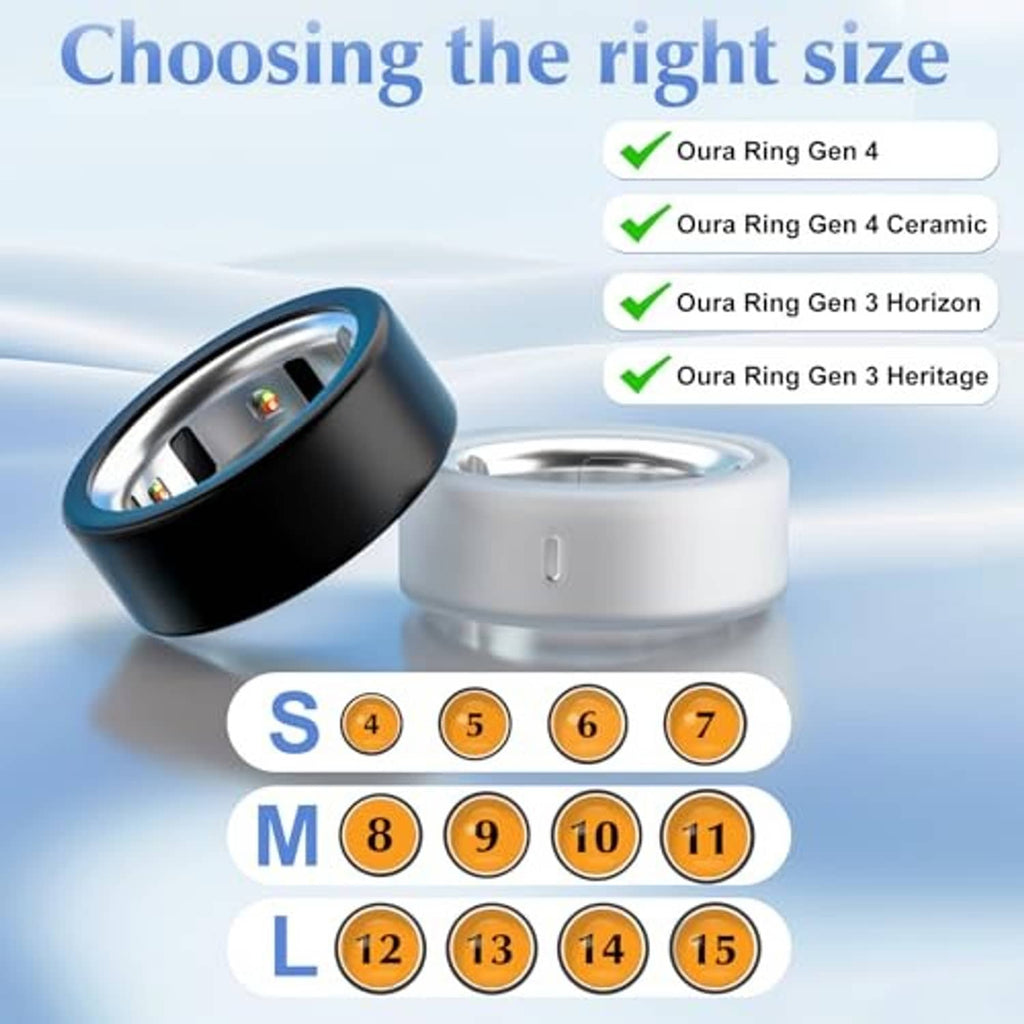 Ring protector size chart for Oura ring covers: S, M, L options with displayed rings