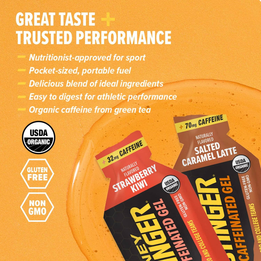 Caffeinated organic energy gel variety pack with Strawberry Kiwi and Salted Caramel Latte pouches