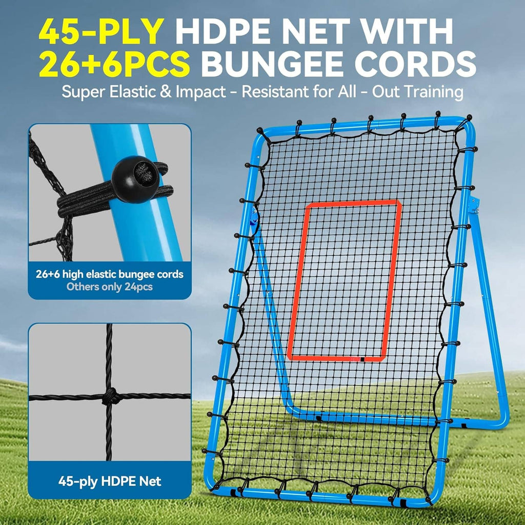 Volleyball rebounder net with red target square and blue bungee cords