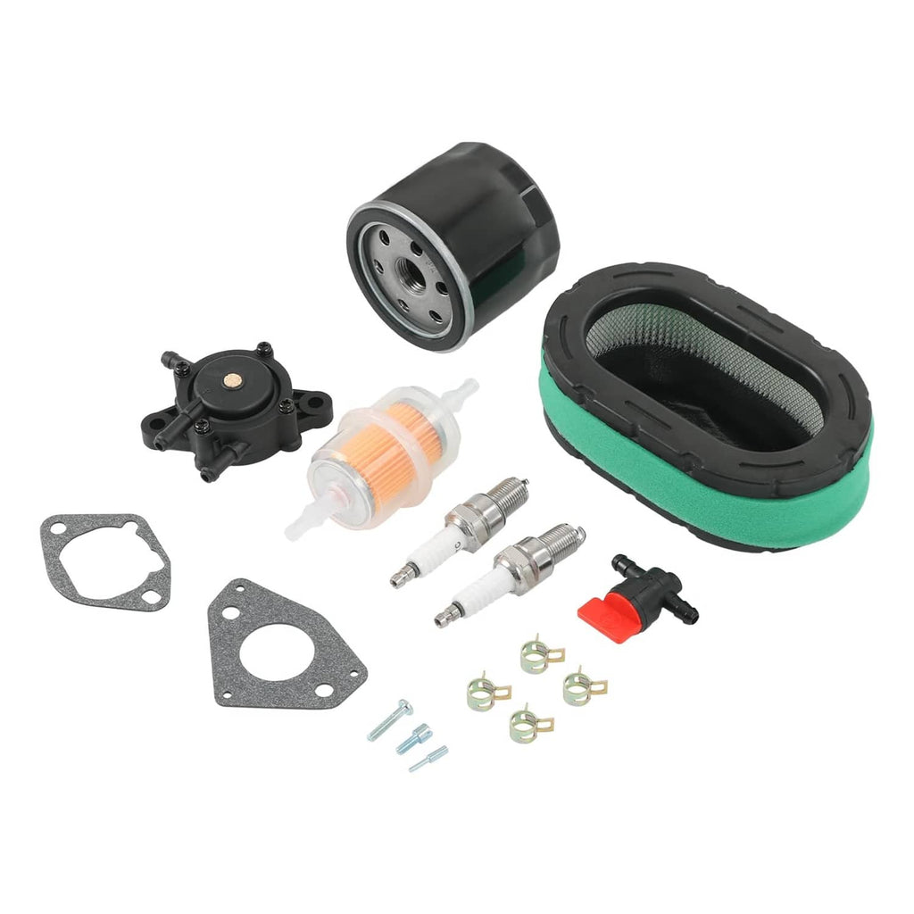 Carburetor replacement parts in exploded view: carburetor, air filter, filters, clamps, gaskets