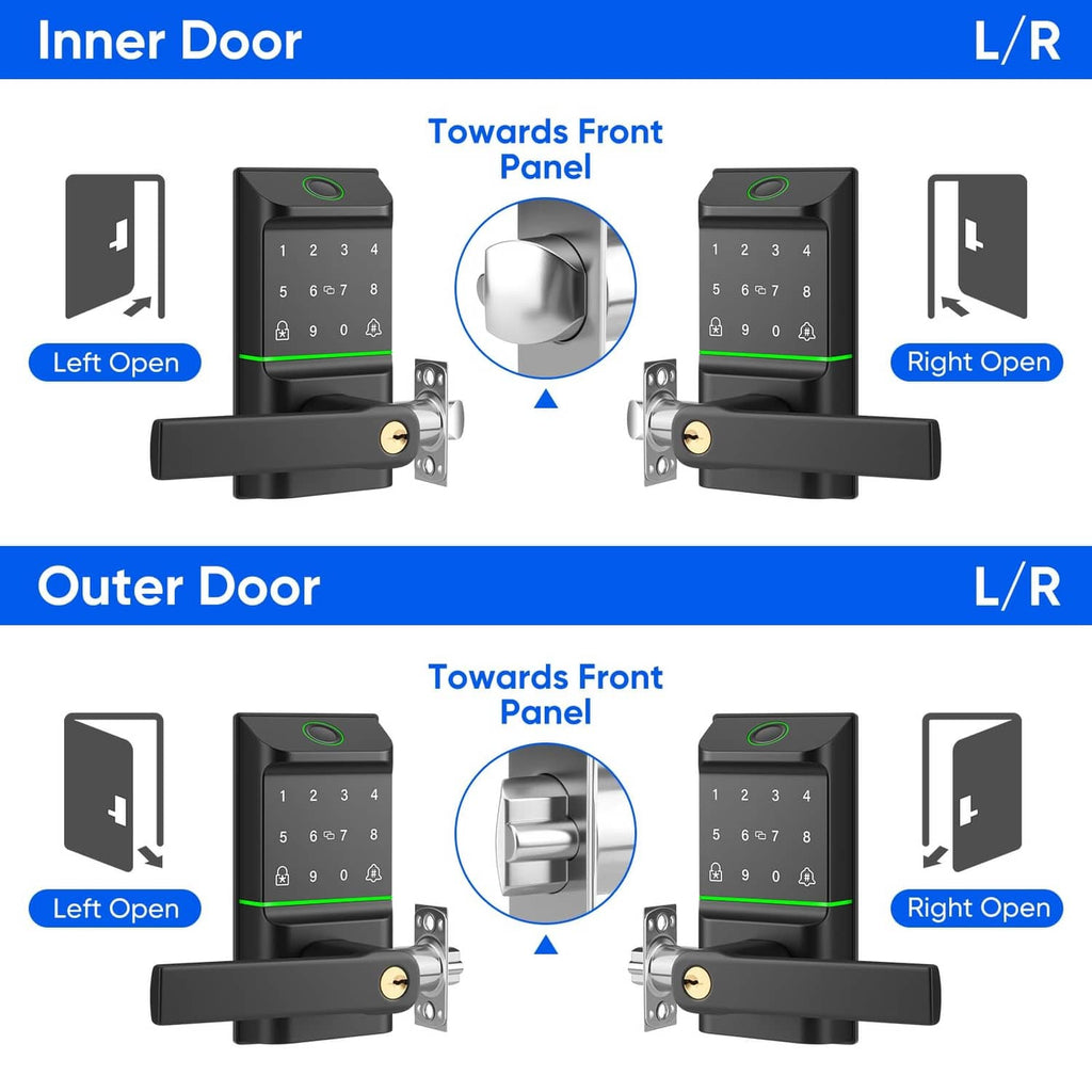 Smart keypad door lock with handle, left/right opening diagrams for inner and outer doors