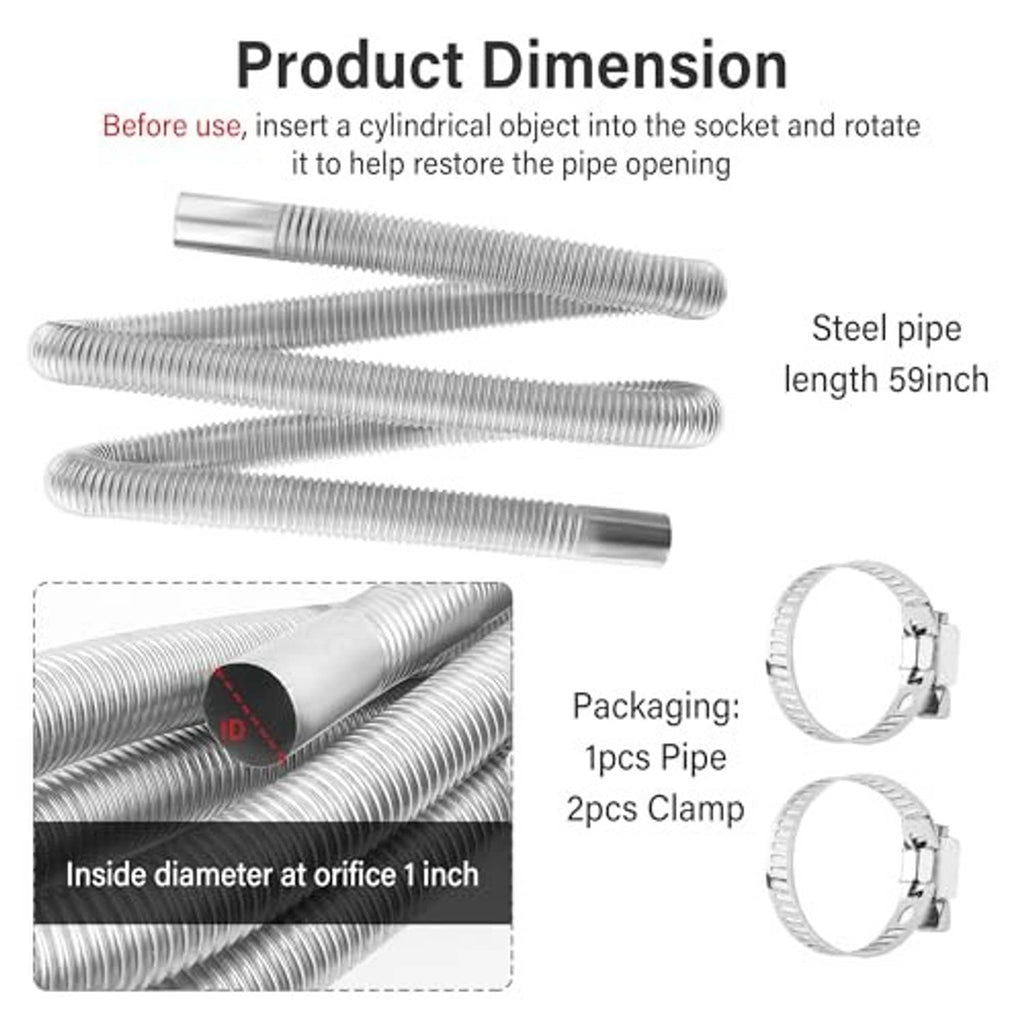 Flexible stainless steel exhaust tubing set with 2 clamp rings and 1-inch ID