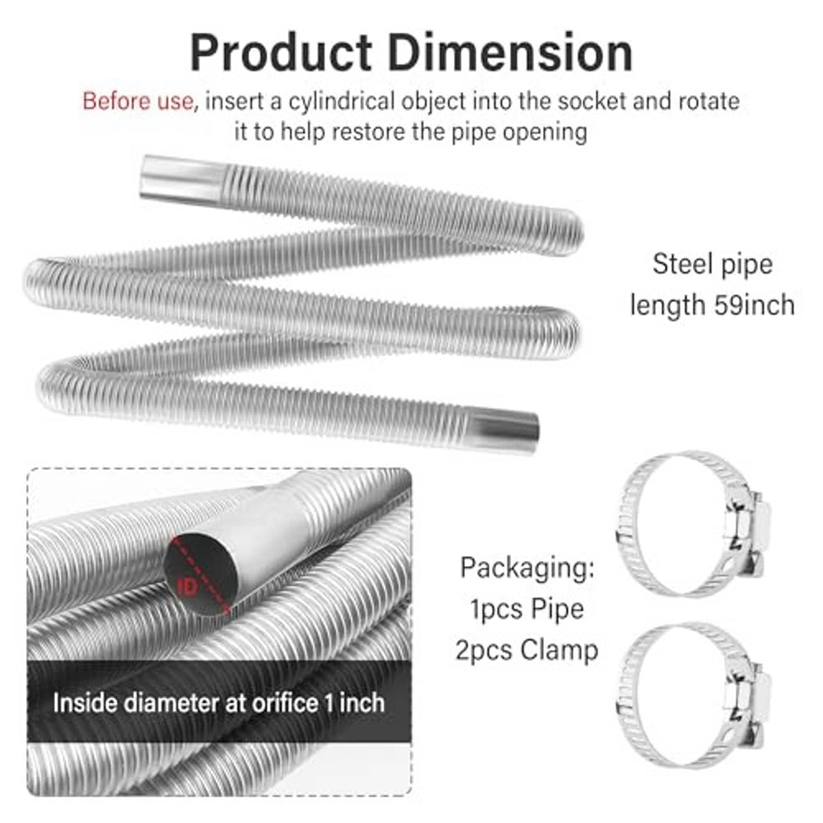 Flexible stainless steel exhaust tubing set with 2 clamp rings and 1-inch ID