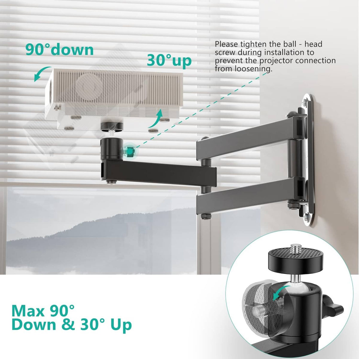 Black mini projector mount with 90° down and 30° up adjustment range