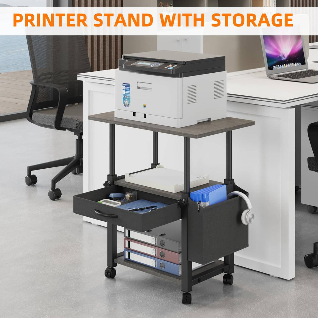 Gray rolling printer stand with top shelf, side drawer, and middle storage rack