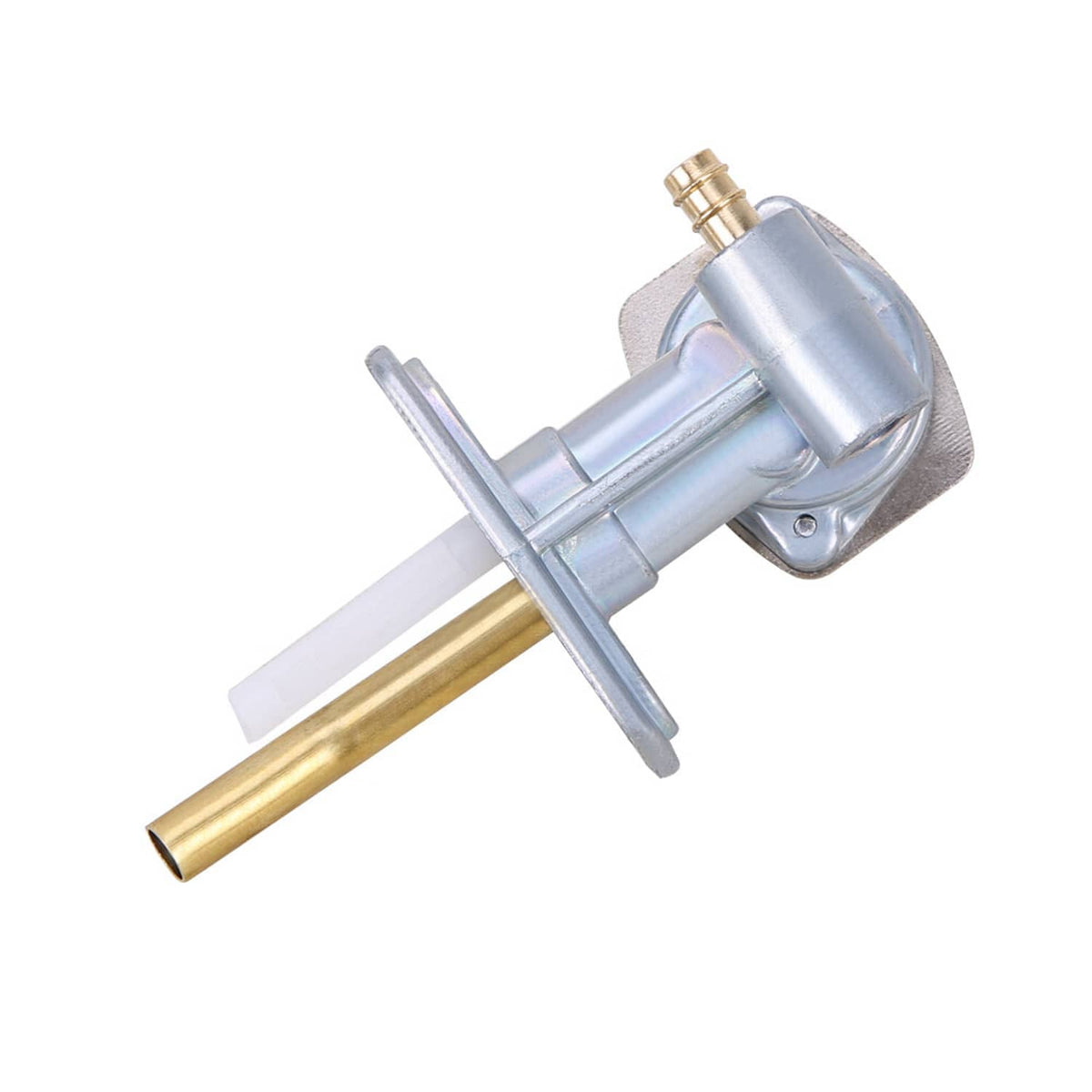 Fuel valve shut off petcock with silver housing, gold tube, and black actuator cap