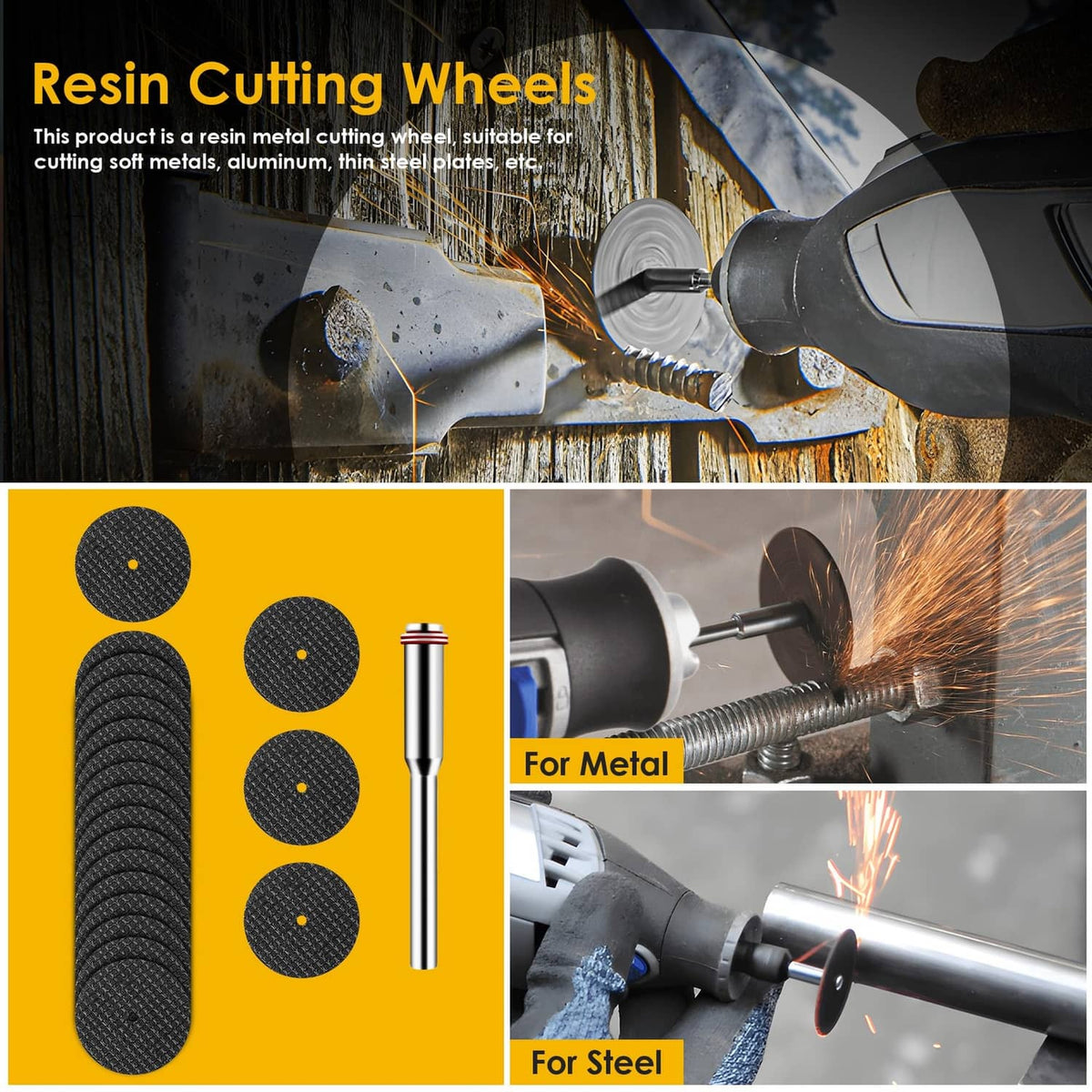 Resin cutting wheels set with black discs and a mandrel shaft for rotary tools