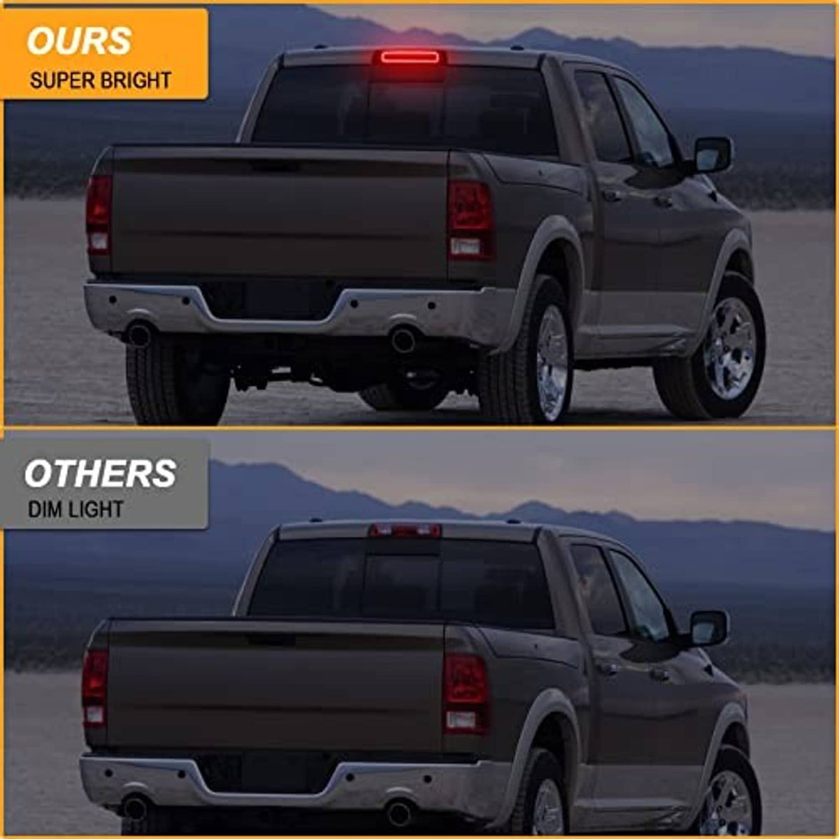 LED third brake light bar comparison with brighter red brake illumination versus dim light