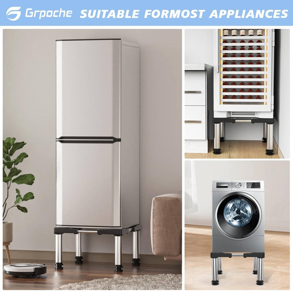 Adjustable mini appliance stand lifting a refrigerator on four telescopic legs